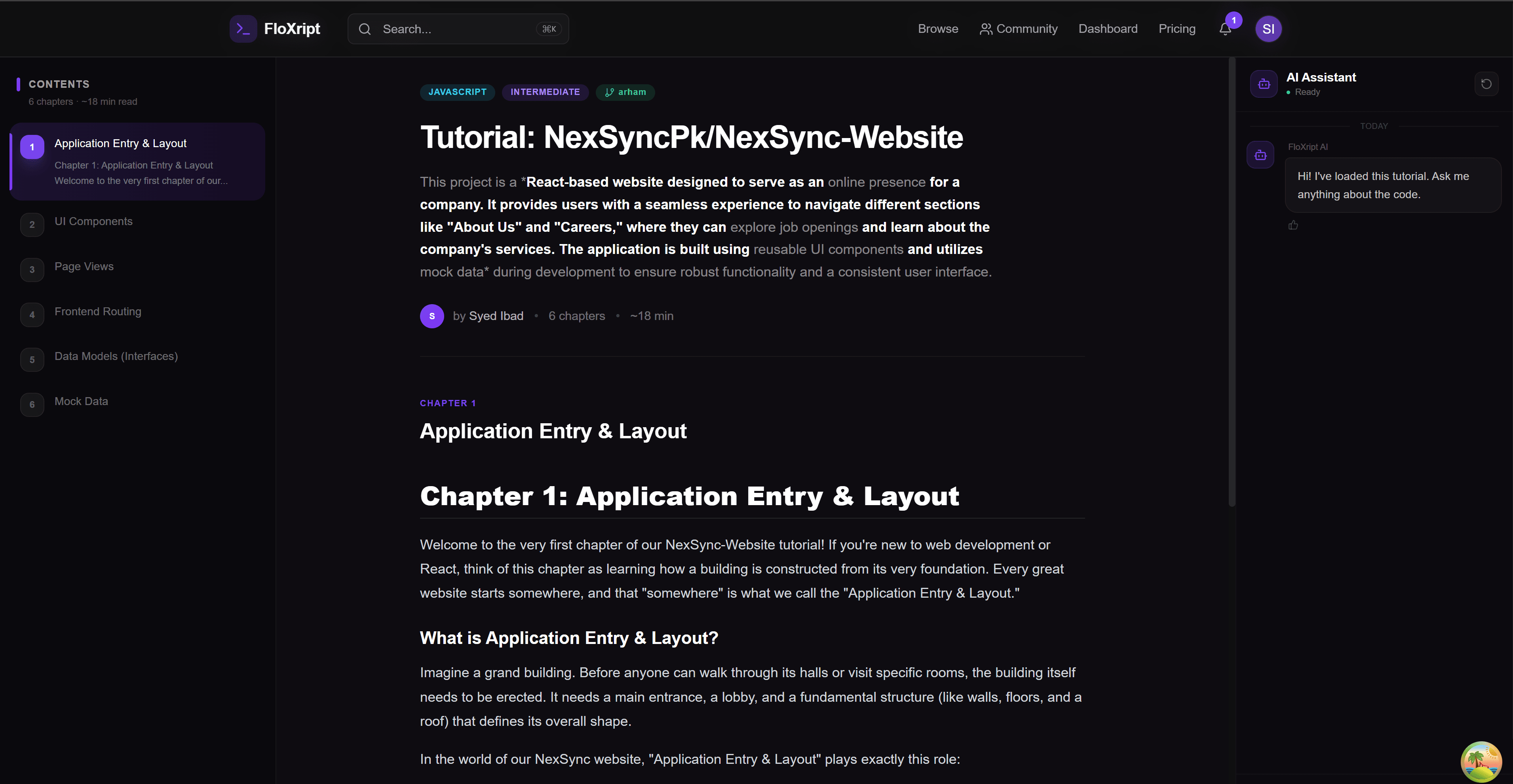 Interactive Tutorial - Structured chapters with Mermaid diagrams and code snippets